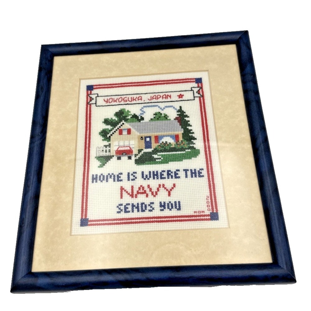Matted Framed Cross Stitch "Home Is Where The Navy Sends You"